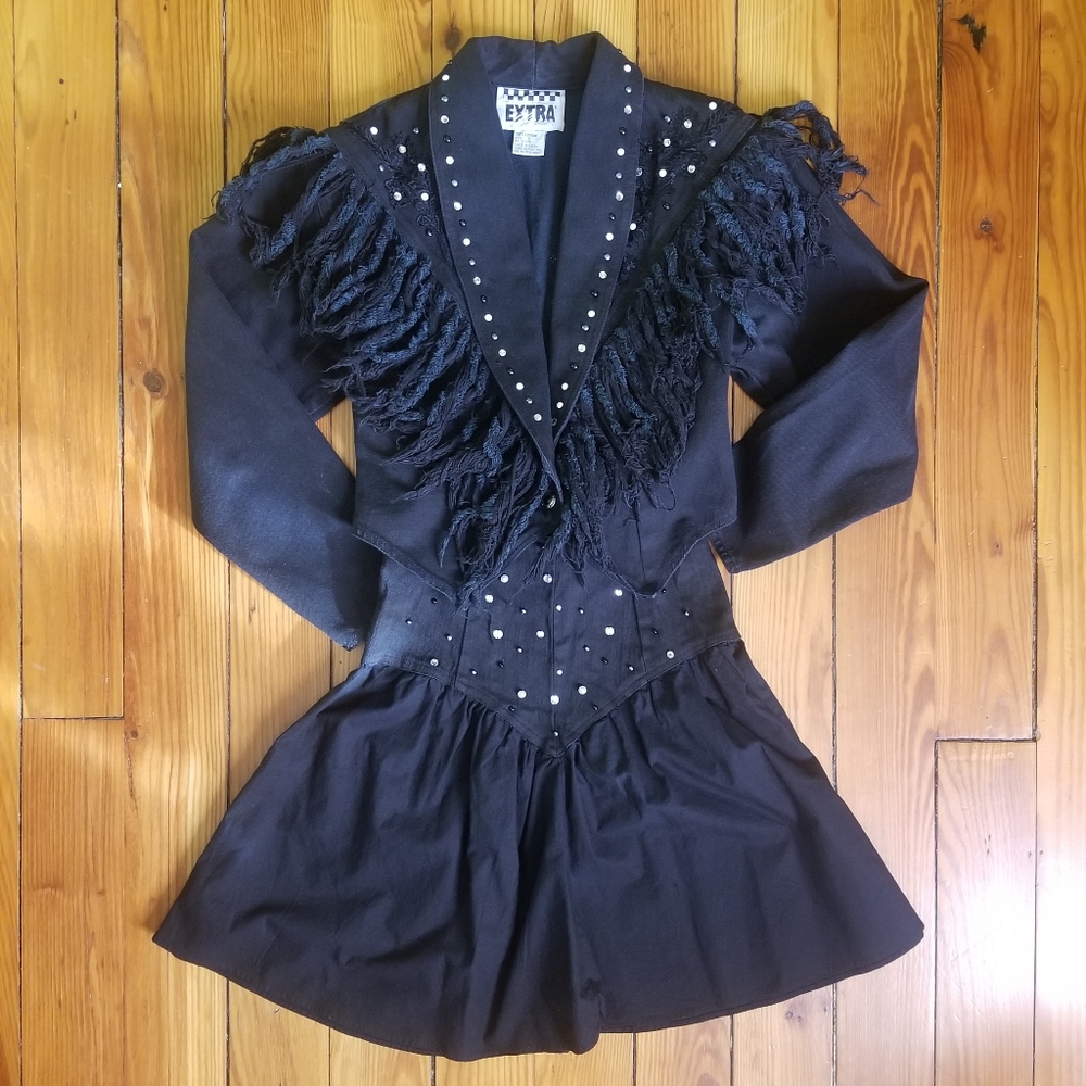 Western Black Denim Fringe Embroidered Jacket Mini Skirt Set